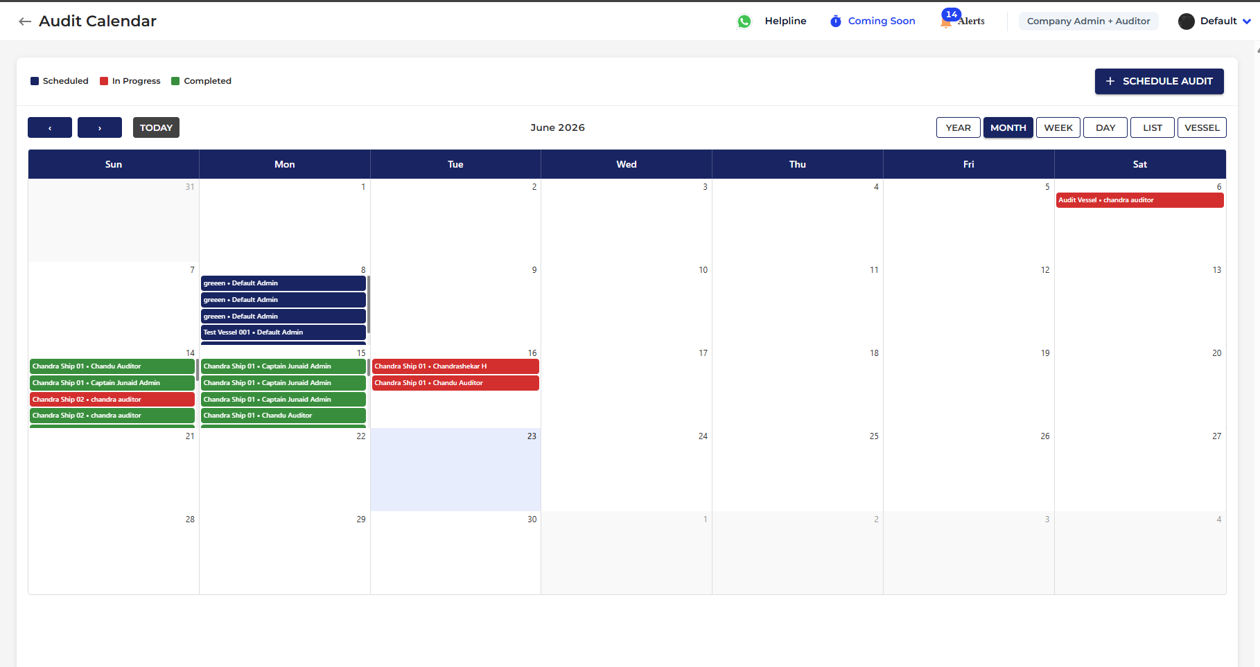 Audit calendar schedule view